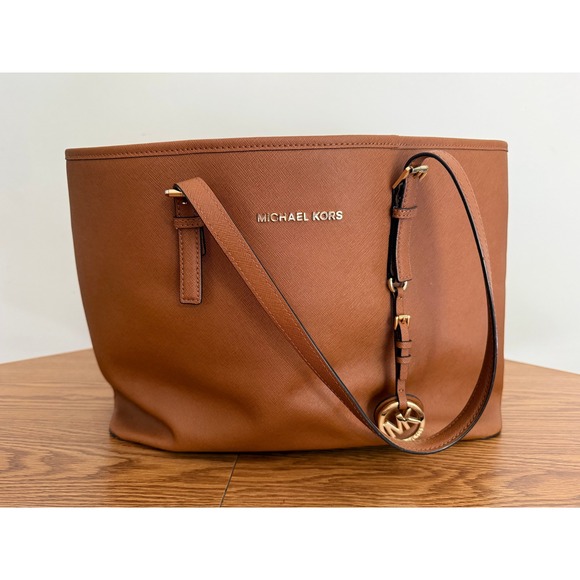 Michael Kors Handbags - Michael Kors Charlotte Large Saffiano Leather Tote Luggage Brown Gold Hardware